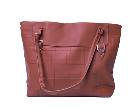 Elegant brown faux leather handbag with checker pattern, isolated black.