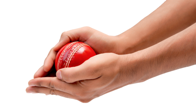 Hands cupping a vibrant red cricket ball, symbolizing sport, game, and