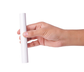 Hand holding a piece of white chalk, isolated on a .