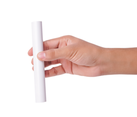 Hand holding a piece of white chalk, isolated on a .