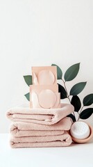 A stack of soft, pastel pink towels is arranged with skincare products and a green leaf, evoking a sense of calm and self-care.