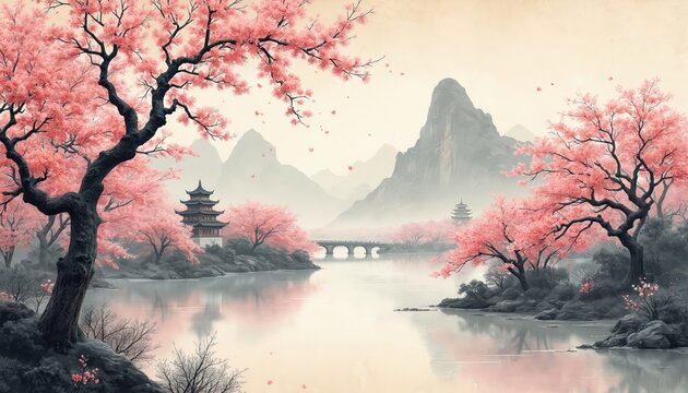 Misty mountains rise behind serene water reflecting pink blossoming cherry trees, ancient pagodas. Stone bridge spans river, petals drift in soft spring air. Traditional oriental landscape with ink