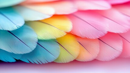 A close-up, abstract view of layered feathers in soft pastel shades of blue, yellow, pink, and orange.