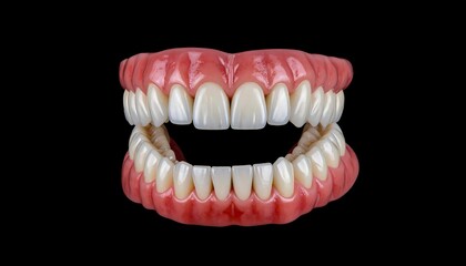 Fototapeta premium A set of dentures featuring artificial gums and teeth, displayed against a stark black background