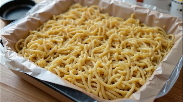 Fresh pasta cooked noodle tray foil homemade yellow textured closeup meal comfort food delight, inviting simple aroma noodle pasta cooked yellow closeup texture tangle meal food lunch tray