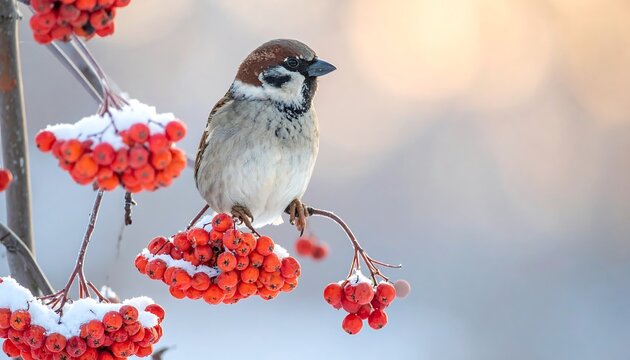 A sparrow perched on snow-dusted rowan berries, soft blurred background