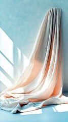 A flowing piece of soft peach-colored fabric is draped against a textured blue wall, with strong diagonal shadows cast by light entering from the side.