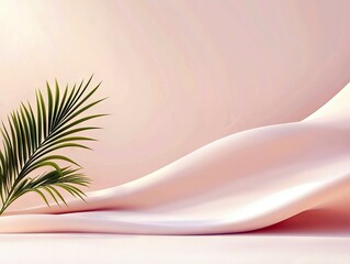 A minimalist scene featuring a flowing pink fabric and a delicate palm leaf against a soft, muted background.