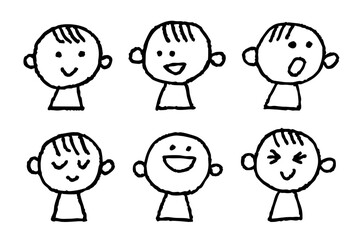 手描きの子どもの顔アイコン6種類セット｜笑顔・喜び・驚き・安らぎ・楽しさ・困惑などの感情を表すシンプルな表情イラスト