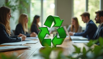 Business people meet in office near large green recycle symbol discussing eco friendly strategies and corporate responsibility. Team plans reduce waste and improve planet care.