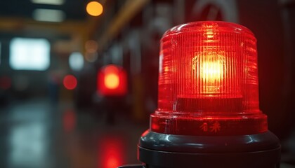 Red beacon light flashes on. Alarm warns of danger. Emergency signal alerts safety response. Industrial warning lamp indicates alert status.