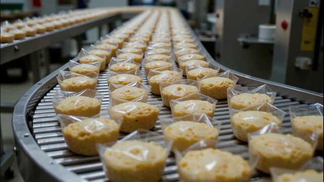 Efficient food factory production line conveyor packaged cake sponge cake bakery plastic wrap dessert automation mass production with packaged sponge cake bakery conveyor production factory sweet