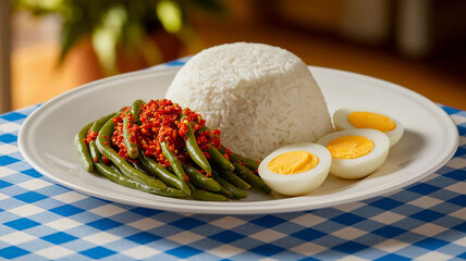 Delicious Home Cooked Meal: Steamed Rice, Spicy Green Beans, and Boiled Eggs