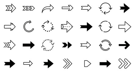 Vector arrow icon set for web design and user interface. Diverse collection of black line art directional symbols for navigation, progress, and graphic elements