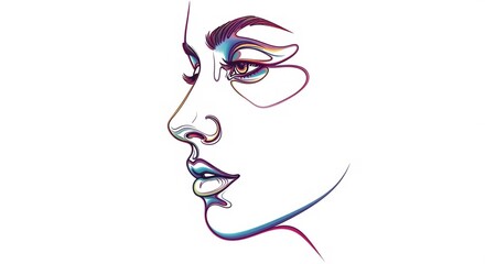 Colorful Minimalist Line Art Portrait in Side Profile on White Background
