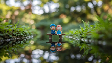 Cute Miniature Couple Art: Boy and Girl Sitting by Forest Water Reflection