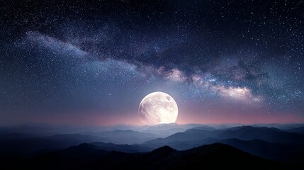 Stunning full moon rising over majestic mountain range under vibrant Milky Way, creating a magical and tranquil scenic nightscape