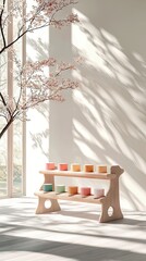 A serene interior scene featuring a two-tiered wooden shelf with pastel-colored cylindrical objects, bathed in soft light with dappled shadows from a flowering
