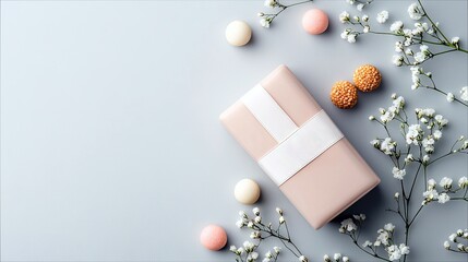 A pastel pink gift box tied with a white ribbon is surrounded by small white flowers and round candies on a light blue surface.