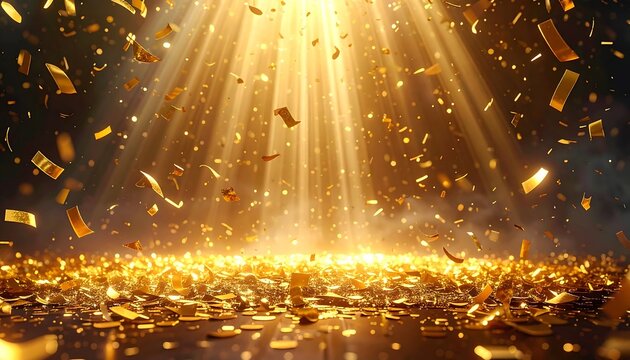 A shower of golden confetti illuminated by bright light on a surface covered in golden particles