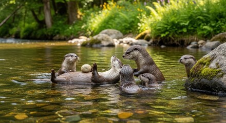 Playful otters enjoying a sunny day in a clear river, interacting with a ball.