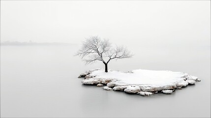A stark winter landscape featuring a lone, leafless tree on a small, snow-dusted island surrounded by quiet, misty water.