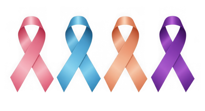 Four colorful awareness ribbons isolated on transparent background