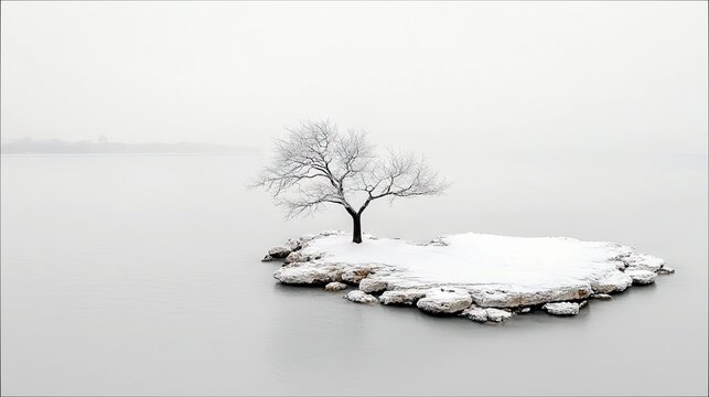 A stark winter landscape featuring a lone, leafless tree on a small, snow-dusted island surrounded by quiet, misty water.