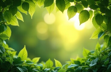Obraz premium Green leaves frame bright sunlit background. Rich foliage border, vibrant nature scene. Light filters through fresh plants. Eco background, natural backdrop, outdoors.