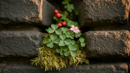 Green Clover and Pink Flower Growing in an Old Mossy Stone Wall Crack Wallpaper