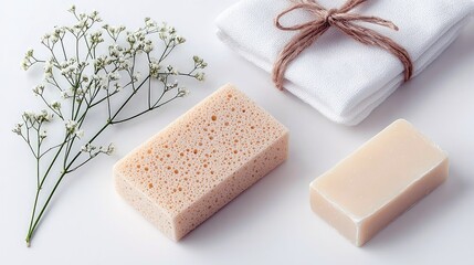 A minimalist arrangement of natural soap, a textured sponge, and a sprig of baby's breath flowers, evoking a sense of clean, natural self-care.