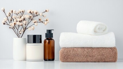 A spa-like arrangement featuring skincare products, decorative cotton branches, and stacked towels against a plain background.
