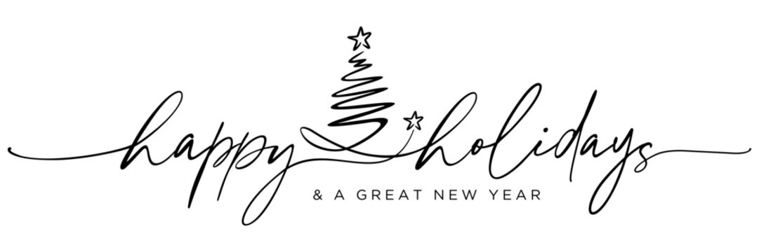 Modern Minimalist Happy Holidays continuous
line handwritten calligraphy, black with
Christmas tree for Christmas Holiday New year,
card, E-mail signature, printable,
isolated on white background - Powered by Adobe