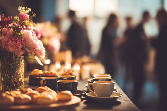 Elegant Coffee Break Setup at Business Event. A soft blur of a breakfast event where professionals network over morning coffee. High quality
