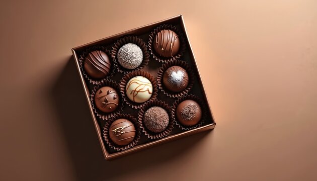 Assorted chocolate truffles presented in an elegant gift box. Luxurious confectionery, perfect for celebrations and romantic gestures. Sweet indulgence for any special occasion.