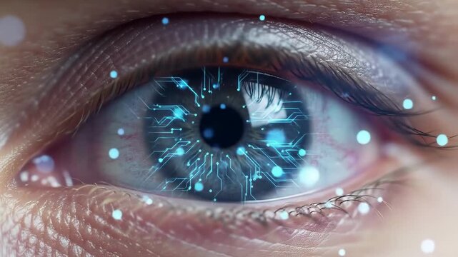 Close-up of eye with digital circuits overlaid, a visualization of tech, science, or AI - Powered by Adobe