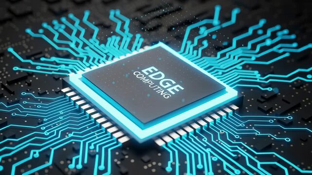 Edgecomputingnetworks chip processor circuit board glowing blue futuristic technology microchip data connection computing processor chip with glowing blue circuit traces across dark motherboard
