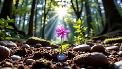 Serene Forest Floor with Vibrant Pink Blossom Sunlight