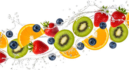 Vibrant assortment of fresh fruits splashing through water, creating a refreshing and healthy display.