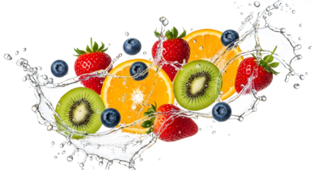 Fresh juicy fruits splashing in clear water creating a refreshing cascade