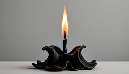 Black Candle with Fiery Abstract Flame Gray Background