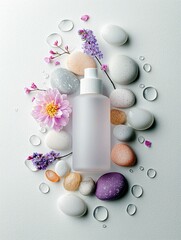 A frosted white bottle is surrounded by smooth stones, delicate flowers, and clear water droplets on a white surface.
