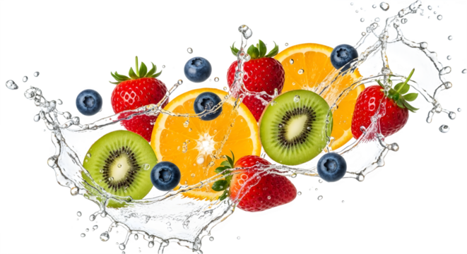 Fresh juicy fruits splashing in clear water creating a refreshing cascade
