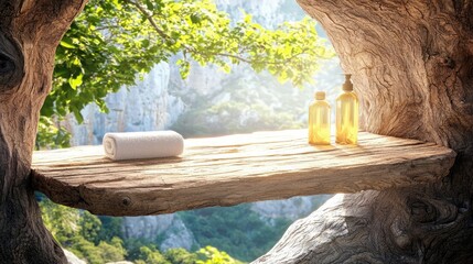 A rolled white towel and two amber bottles sit on a rustic wooden shelf attached to a tree, with a sun-drenched mountain landscape in the background.