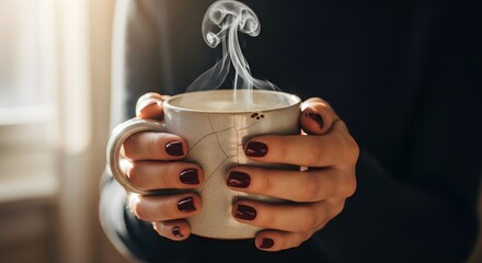 Hands holding a steaming mug of coffee indoors.
