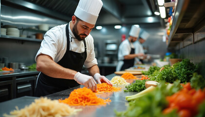 Professional chef with white hat and apron prepares fresh vegetable salad in busy restaurant kitchen. He chops carrots and lettuce. Other cooks work in background.
