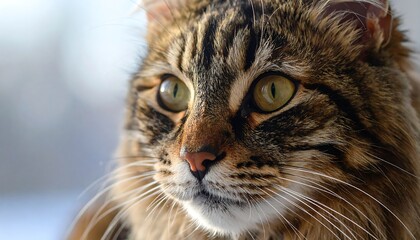 A close-up portrait shows a fluffy, brown tabby cat with piercing green eyes against a soft, blurry background