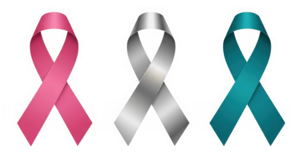 Three awareness ribbons in pink silver and teal isolated on transparent background