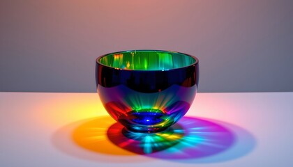 Colorful Glass Bowl with Vibrant Rainbow Reflection