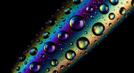 Water droplets on a colorful surface create a beautiful iridescent effect against black.
